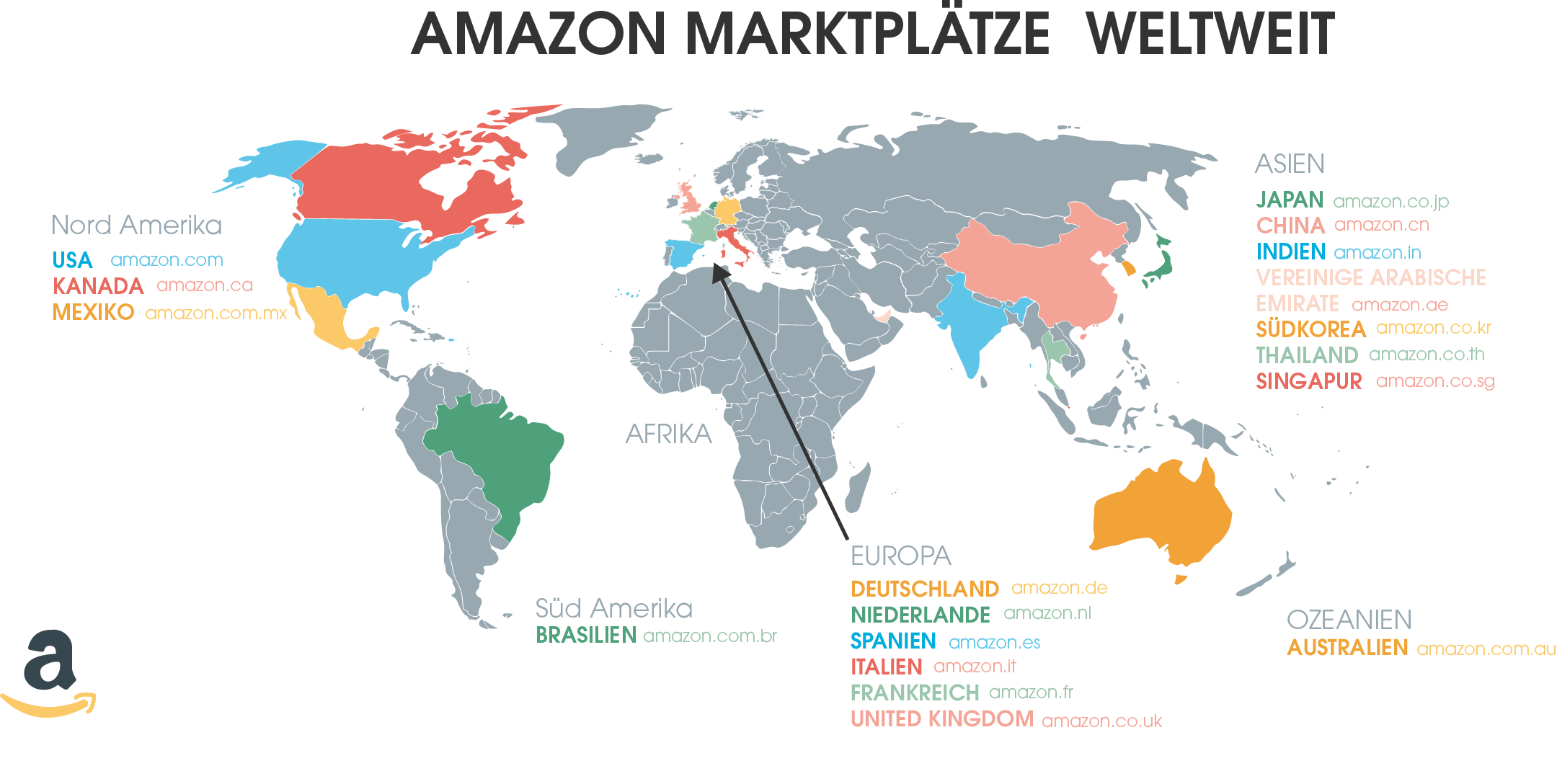 Diese Amazon Marktplätze gibt es aktuell weltweit.