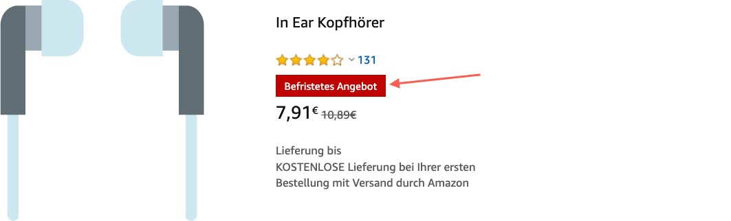 Blitzangebote werden mit einem roten Labeln in den Suchergebnissen und auf Produktdetailseiten hervorgehoben.