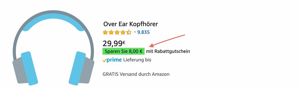 Bereits auf der Suchergebnisseite werden Kunden Rabatte und Preisnachlässe, die durch Coupons gewährt werden, angezeigt und hervorgehoben. 