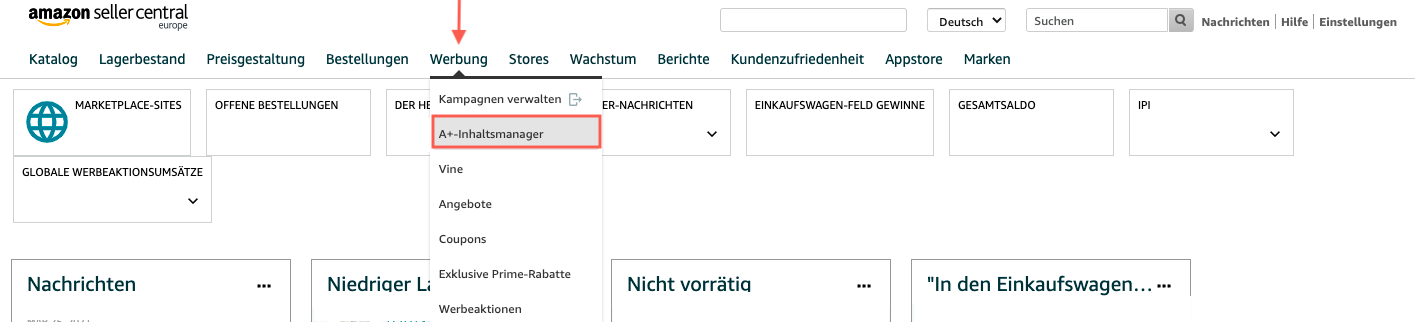 Seller Central Menünavigation zu A+ Inhaltsmanager