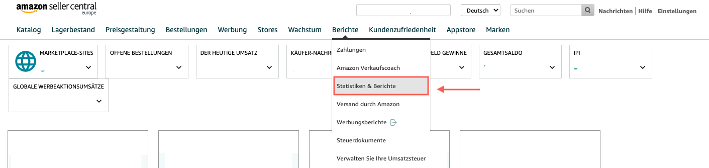 Menü-Navigation zu Statistiken & Berichte