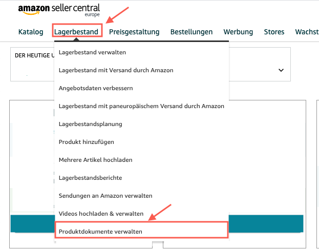 Menüpunkt, unter dem Produktdatenblätter im Amazon Seller Central hochgeladen werden können.