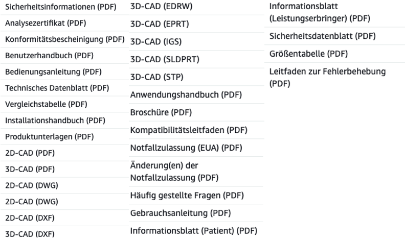 Übersicht der von Amazon freigegebenen Formate, in den Produktdatenblätter hochgeladen werden dürfen.